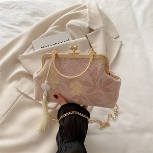 Women Vintage Floral Kiss Lock Handbag Chinese Style Flower Pattern Chain Shoulder Bag Elegant PU Crossbody Bag