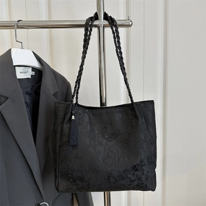 Elegant black silk tote bag with butterfly embroidery and tassel for 2025 summer