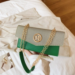 Bolso bandolera de moda verde y beige con hebilla de metal M dorada y correa de cadena