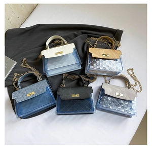 Top view of five colorful PVC crossbody bags with chain straps and quilted textures