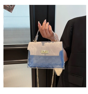 Detail of blue translucent PVC crossbody bag with geometric quilting and gold turn-lock
