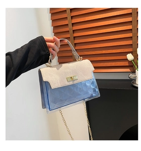 Detail of a chic quilted PVC handbag with contrast leather trim and golden lock