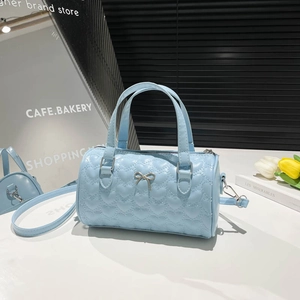 Sac Bandoulière Cylindre en Cuir PU Matelassé Cœur pour Femme Sac à Main Boston avec Nœud Papillon Mode Quotidienne