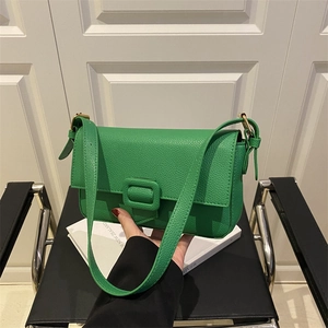 Green litchi grain leather shoulder bag for women with minimalist square buckle