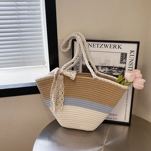 Women Woven Tote Bag Straw Beach Bag With Lace Bowknot Color Block Summer Vacation Casual Shoulder Bag For Lady