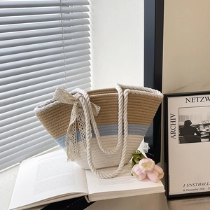 Three-tone striped woven straw tote bag with rope handles and lace bow for summer beach