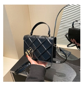 Detail of black quilted leather handbag with gold metal clasp and chain strap