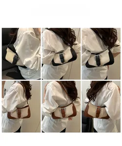 Multiple views of a canvas and leather patchwork shoulder bag styled on a model