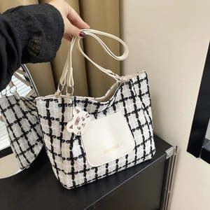 Borsa Tote in Tweed a Quadri di Grande Capacità per Donna Borsa a Tracolla Minimalista Con Pendente a Gatto Borsa da Viaggio Casual