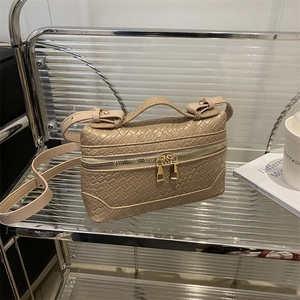 French style woven leather crossbody bag in khaki with gold hardware and dual zippers