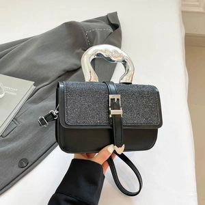 Women Sequined Crossbody Bag With Metallic Handle Shiny Glitter Handbag PU Leather Square Shoulder Bag For Party Daily