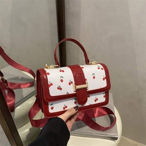 Stylish white and red cherry print small square handbag with wide strap for women