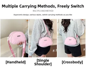 Three-way styling of pink nylon crossbody bag showing handheld, shoulder and crossbody use