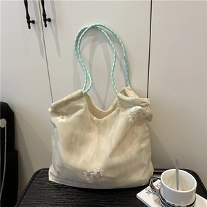 Women Floral Embroidery Organza Tote Bag Tie Dye Artistic Mesh Handbag With Braided Rope Handle Large Capacity Shoulder Bag
