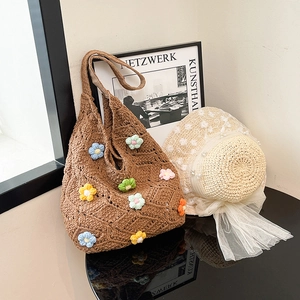 Sac à Épaule en Crochet Style Lazy pour Femmes Grand Sac Tote au Crochet avec Fleurs 3D Colorées Sac de Vacances Été