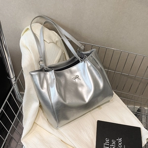 Women Glossy PU Leather Tote Bag Large Capacity Minimalist Underarm Shoulder Bag With Metal Bow Decor Fashion Handbag