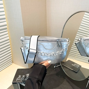 Women Fashion PU Leather Shoulder Bag Urban Minimalist Chest Bag With Metal Chain Decoration Adjustable Wide Strap Waist Bag