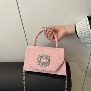 Women's Faux Suede Small Square Bag Elegant Rhinestone Buckle Top Handle Crossbody Bag With Gold Chain Strap Party Evening Purse