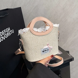 Cream straw woven crossbody bag with pink bow and lace trim for women summer style