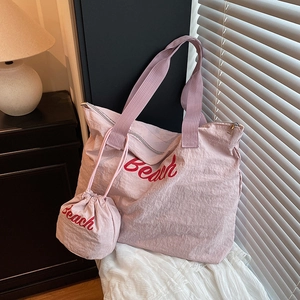 Rosa Nylon-Tragetasche mit großer Kapazität, Beach-Aufdruck und passendem Kordelzugbeutel
