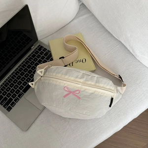 Chic Nylon Shoulder Bag With Bowknot Embroidery For Women Sweet Casual Crossbody Waist Bag Versatile Fashion Daily Purse