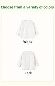 Front and back view of girls' white long-sleeved t-shirt with delicate lace hem detail