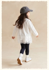 Detail of girls' white long-sleeve tee featuring an elegant floral lace hem and cuffs
