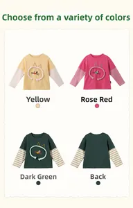 Detail view of colorful children's layered t-shirts with 3D cartoon cat print and long sleeves