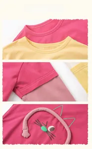 Detail of reinforced neckline, layered cuffs, and 3D cartoon cat on a kid's cotton shirt