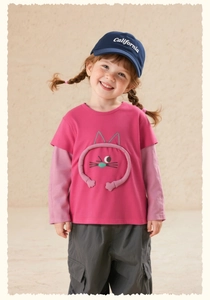 Detail of girls' 2-piece set with cartoon cat ears tee and grey cargo pants
