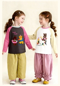 Detail of kids long sleeve cartoon T-shirt and wide leg pants set for spring wear