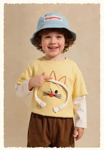 Kids long sleeve shirt with 3D cartoon cat and brown corduroy pants on child model