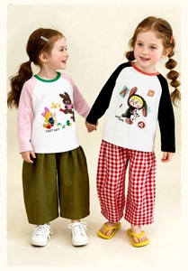 Detail view of kids long-sleeve cotton T-shirts with cartoon prints and contrast sleeves