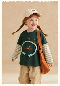 Detail of kids cartoon shirt with 3D cat motif and red-green striped layered sleeves