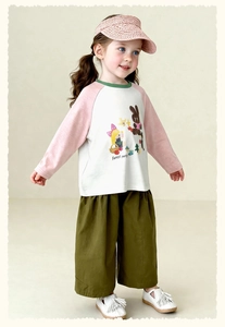 Kids long sleeve raglan T-shirt with cartoon rabbit print and green wide-leg pants