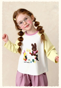 Detailed view of kids cartoon forest party print on contrast long sleeve tee