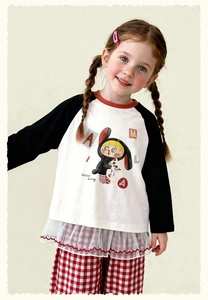 Detail of kids' raglan sleeve tee with cartoon print and red checkered pants