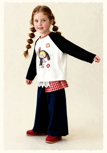 Girl's long sleeve T-shirt with color block design, lace hem and navy wide-leg pants