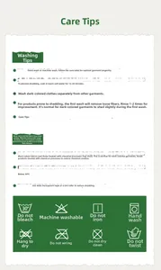 Care guide for lightweight kids pants detailing washing icons and eco-friendly tips