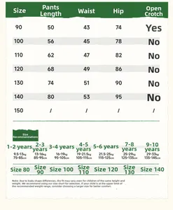 Detailed size chart for boys cartoon outfit featuring pants length and waist measurements