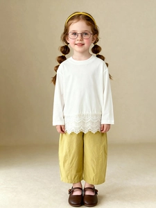 Girls long sleeve white shirt with lace hem and mustard yellow wide leg pants set