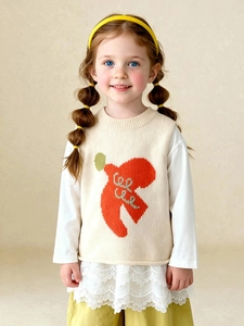 Kids cream knit vest with orange apple pattern and love embroidery for spring style