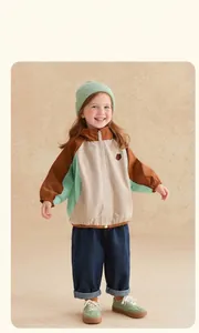 Kids color-block windproof hooded jacket featuring brown, beige, and light green panels