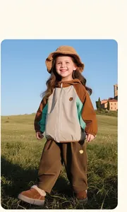 Outdoor waterproof jacket set for girls featuring brown color-block and green details