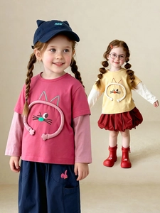 Kids long sleeve t-shirt with 3D cat design and stylish layered sleeves look