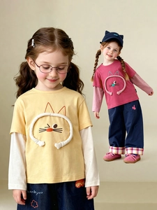 Girl's long sleeve faux two-piece T-shirt and wide leg pants set with 3D cat embroidery