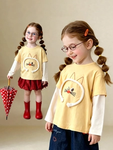 Kids long sleeve faux two-piece T-shirt with 3D cartoon cat and embroidery
