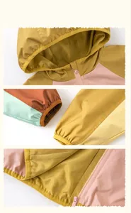 Detail view of the waterproof hood, elastic cuffs, and zipper of children's outdoor jacket