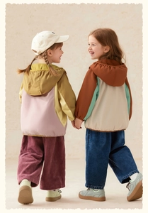 Kids outdoor jackets with color-block hooded design and corduroy pants for spring