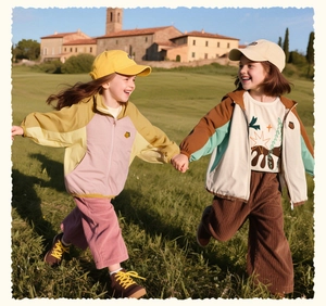 Kids outdoor windproof jacket with color-block design and matching corduroy pants